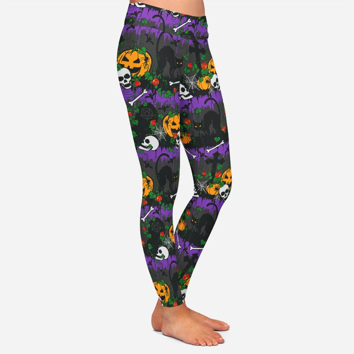 Ladies Gothic Graveyard, Red Roses, Pumpkins & Cats Printed Leggings