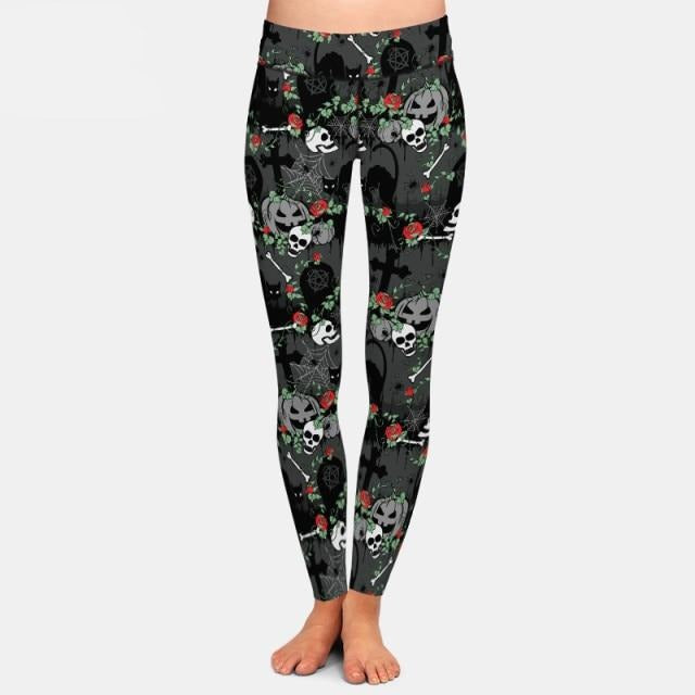 Ladies Gothic Graveyard, Red Roses, Pumpkins & Cats Printed Leggings