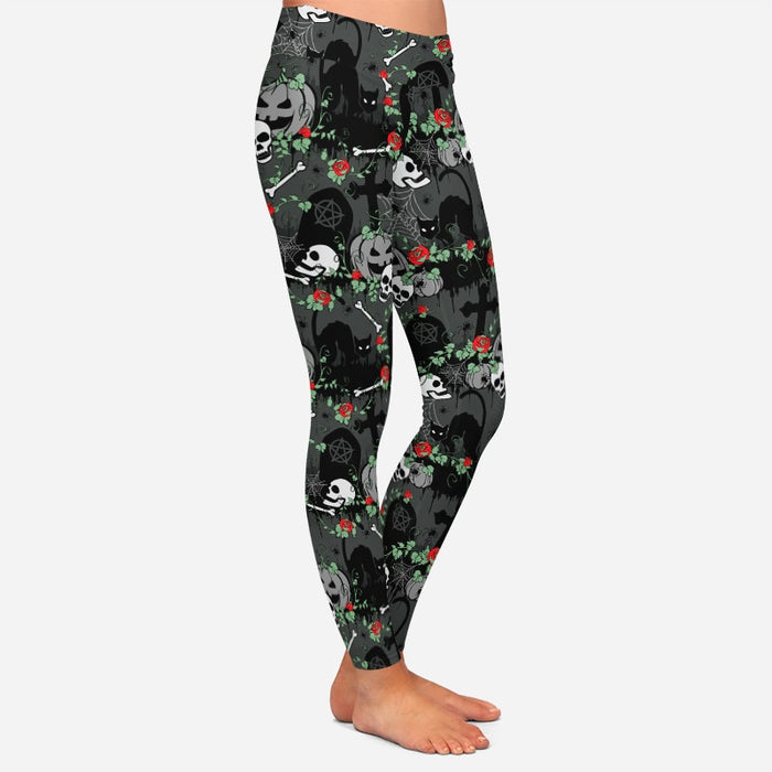 Ladies Gothic Graveyard, Red Roses, Pumpkins & Cats Printed Leggings