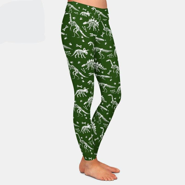 Ladies Green & White Dinosaur Skeletons Printed Leggings