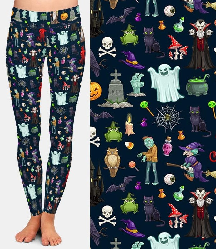 Ladies Halloween Ghosts And Scary Stuff Brushed Leggings