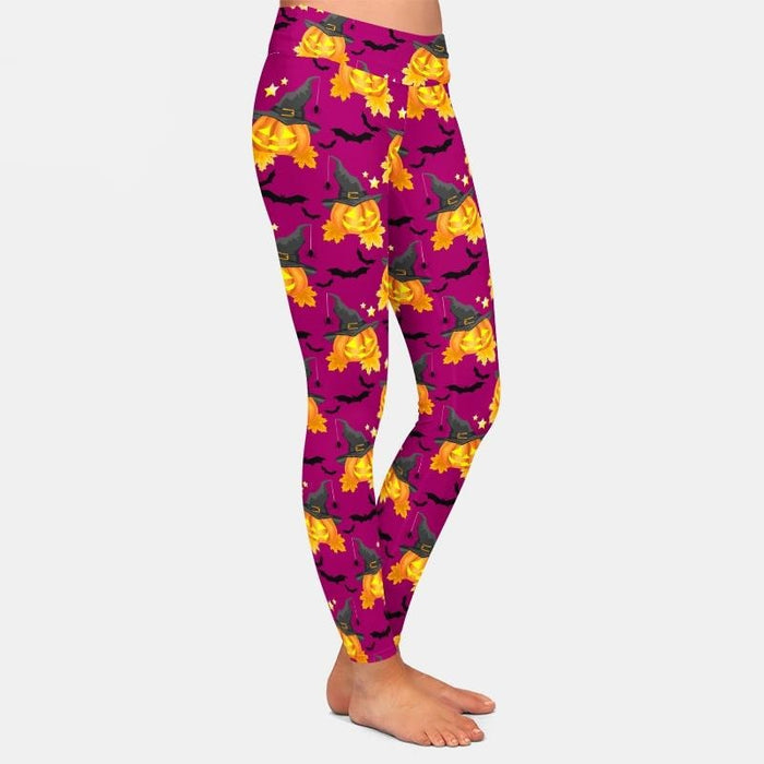 Ladies Halloween Pumpkin Head Witches & Bats Printed Leggings