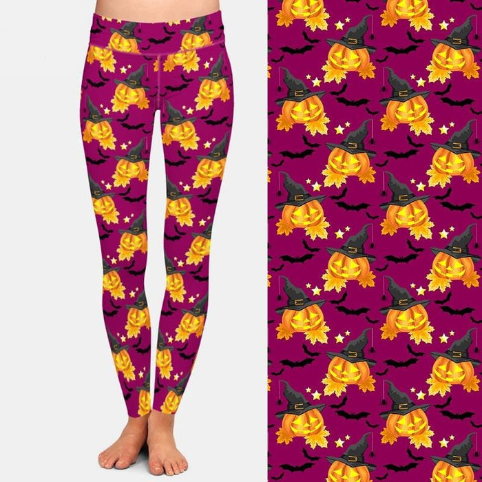 Ladies Halloween Pumpkin Head Witches & Bats Printed Leggings