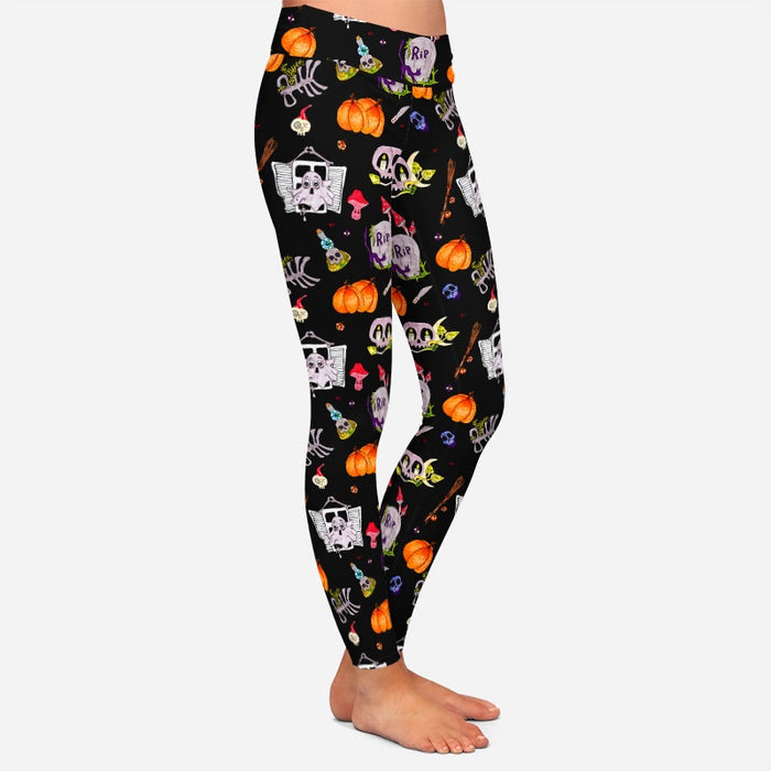 Ladies Halloween Tombstones, Pumpkins & Ghosts Printed Leggings