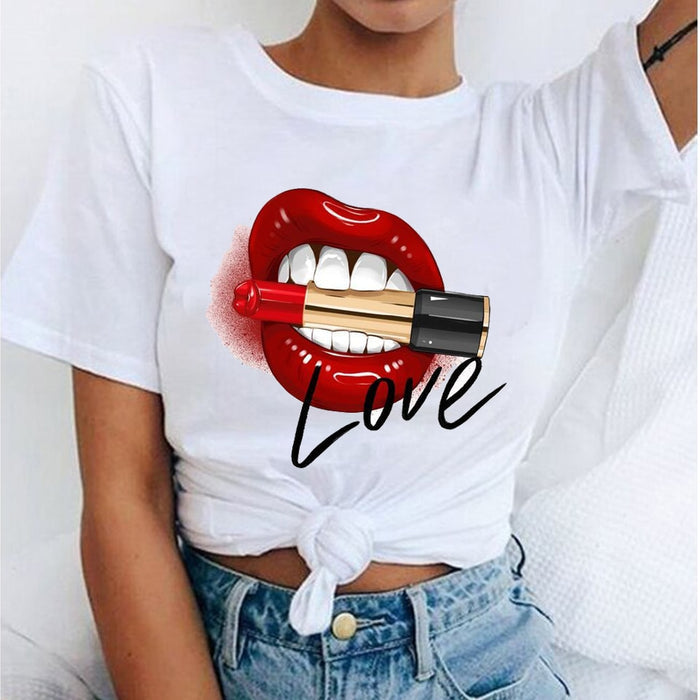 Ladies Love Of Lipstick Printed T-shirt