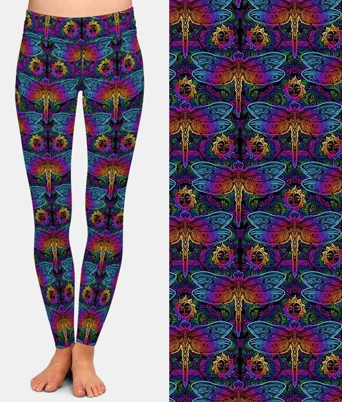 Ladies Mandala Elements Of Paisley And Dragonfly Printed Leggings