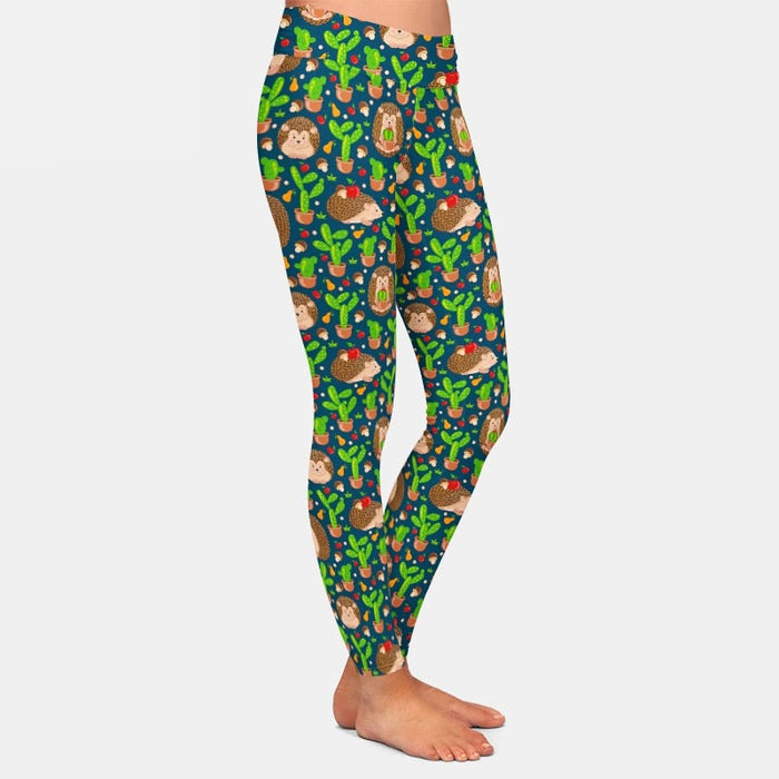Ladies Milk Silk Cartoon Hedgehog Patterned Leggings