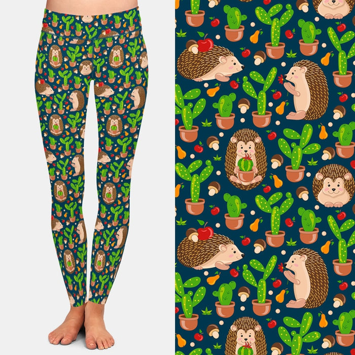 Ladies Milk Silk Cartoon Hedgehog Patterned Leggings