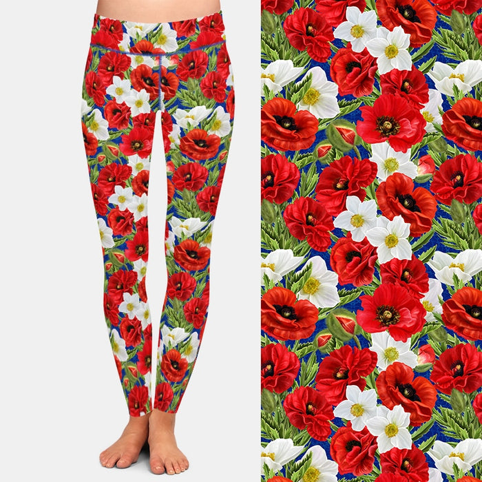 Ladies New 3D Poppies & Flowers Printed Leggings
