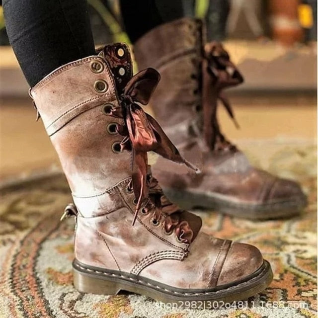 Ladies New Mid-Calf Retro Fold-Down Vintage Boots