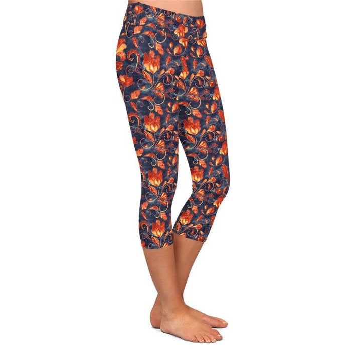 Ladies Paisley/Orange Floral Patterned Soft Brushed Capri Leggings