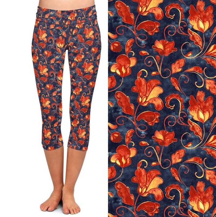 Ladies Paisley/Orange Floral Patterned Soft Brushed Capri Leggings