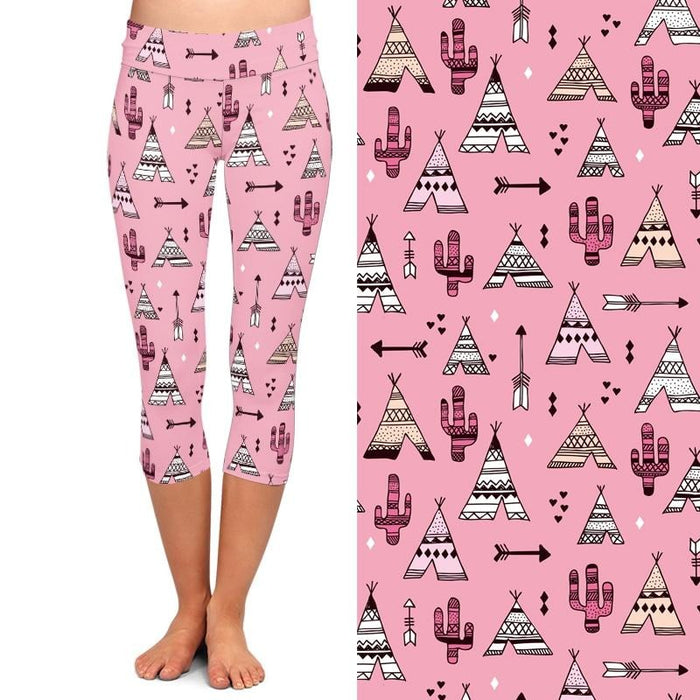 Ladies Pink Teepee Tents & Cactus Printed Capri Leggings