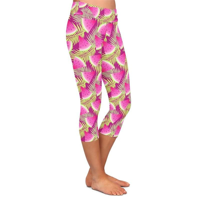 Ladies Pink Watermelon & Green Palm Tree Leaves Printed Capri Leggings