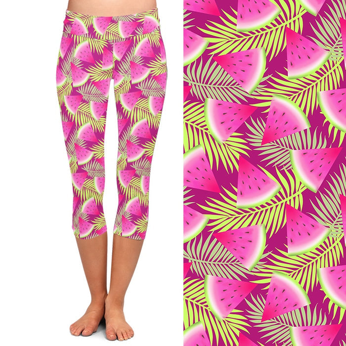 Ladies Pink Watermelon & Green Palm Tree Leaves Printed Capri Leggings