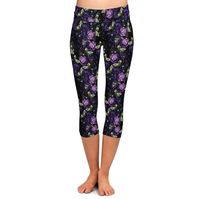 Ladies Purple Roses Capri Leggings