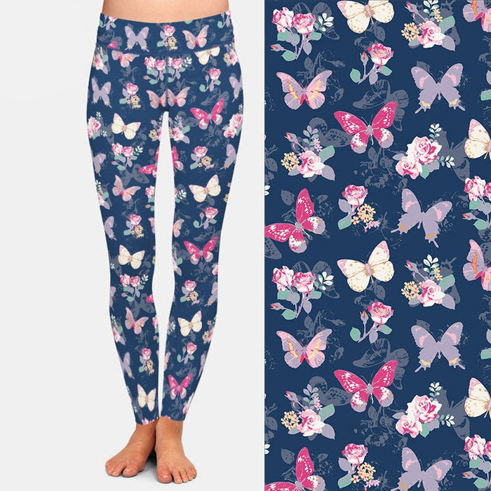 Ladies Roses With Butterflies Printed Leggings