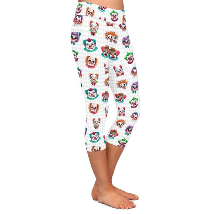 Ladies Scary Clown Faces Printed Capri Leggings