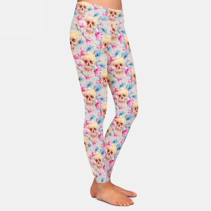 Ladies Skull & Pink Flowers Printed Leggings