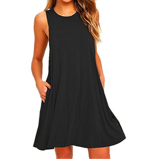 Ladies Sleeveless Summer Casual Cotton Solid Colour Dress With Pocket