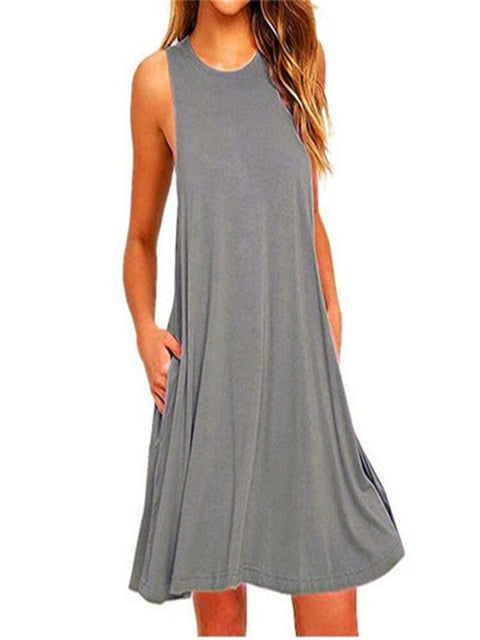 Ladies Sleeveless Summer Casual Cotton Solid Colour Dress With Pocket