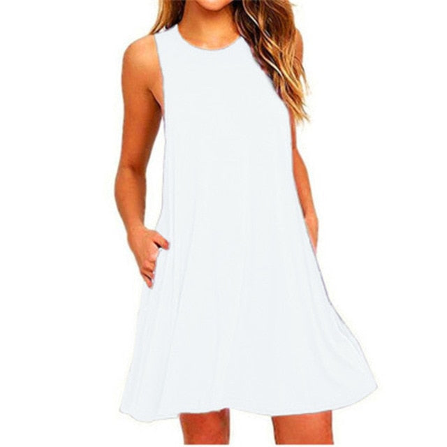 Ladies Sleeveless Summer Casual Cotton Solid Colour Dress With Pocket