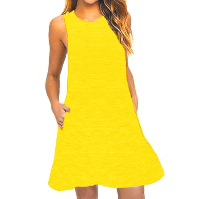 Ladies Sleeveless Summer Casual Cotton Solid Colour Dress With Pocket