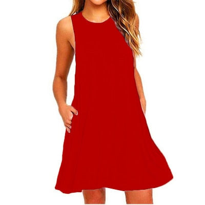 Ladies Sleeveless Summer Casual Cotton Solid Colour Dress With Pocket