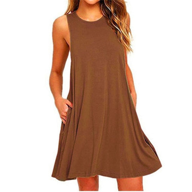 Ladies Sleeveless Summer Casual Cotton Solid Colour Dress With Pocket