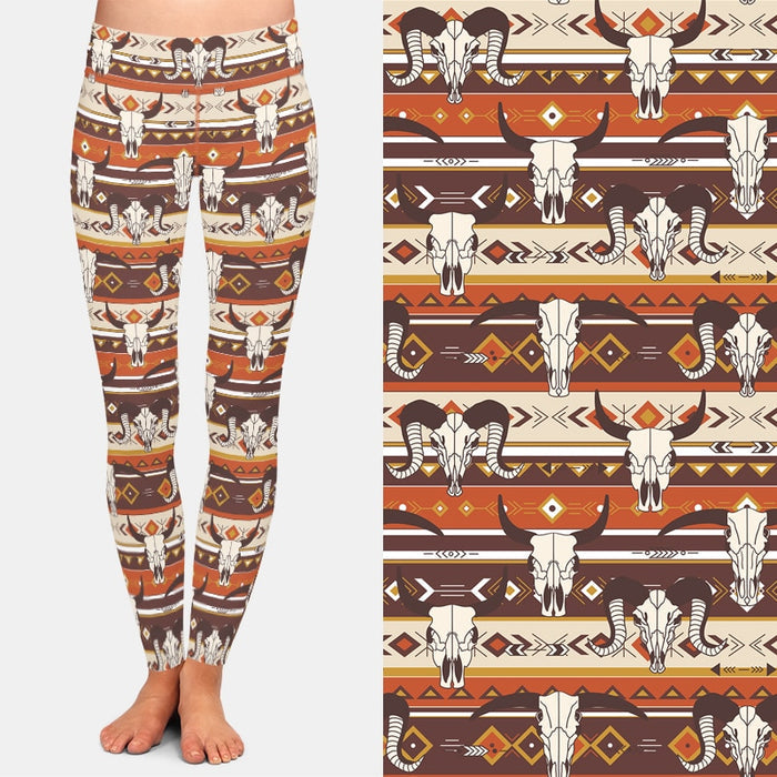 Ladies Soft 3D Bull Skulls Printed Brushed Leggings