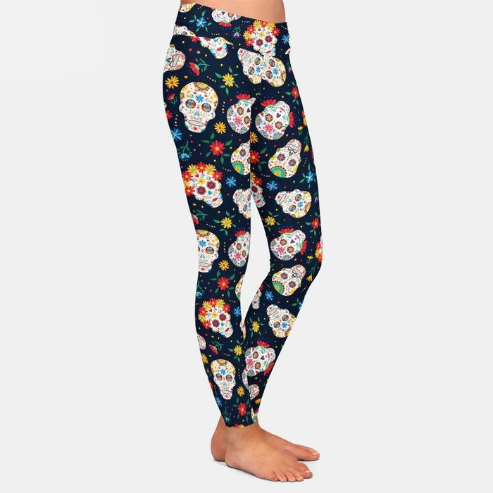 Ladies Sugar Skulls & Flowers Printed Leggings
