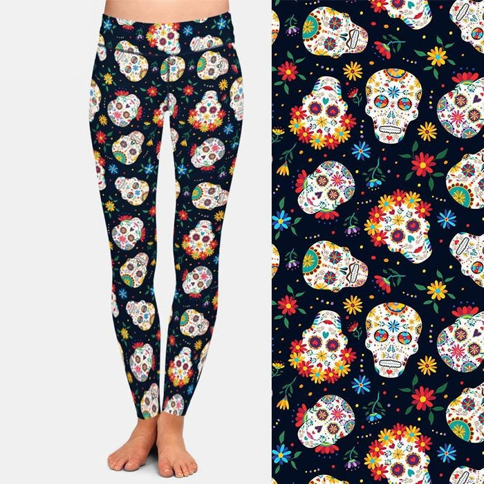 Ladies Sugar Skulls & Flowers Printed Leggings