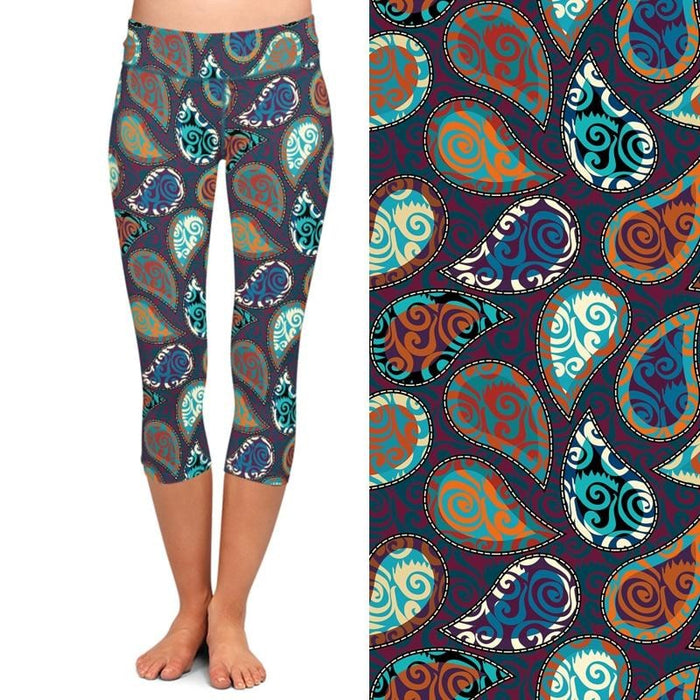 Ladies Summer Cashew Flowers Design Printed Capri Leggings