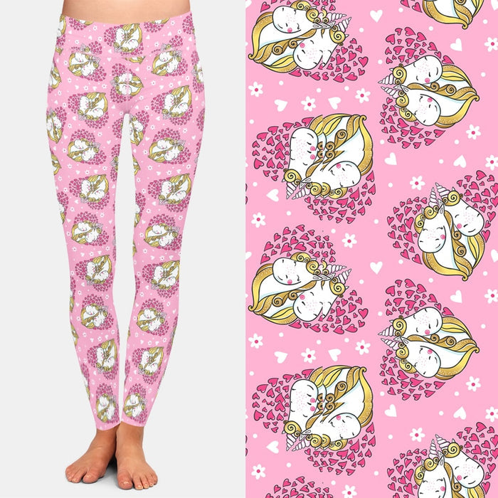 Ladies Valentine's Day Cute Unicorns Falling In Love Printed Leggings