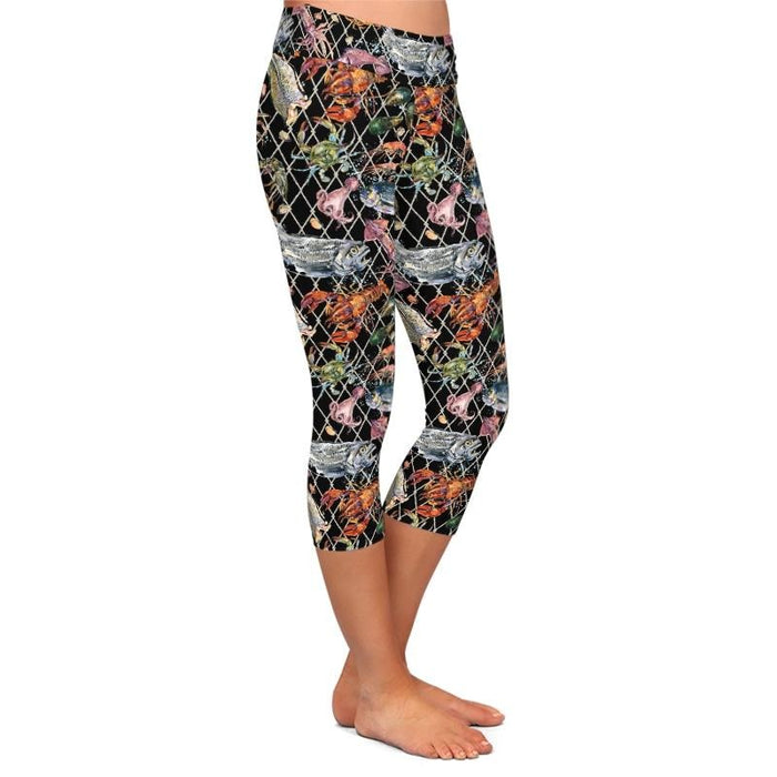 Ladies Watercolour Marine Fish Printed Capri Leggings