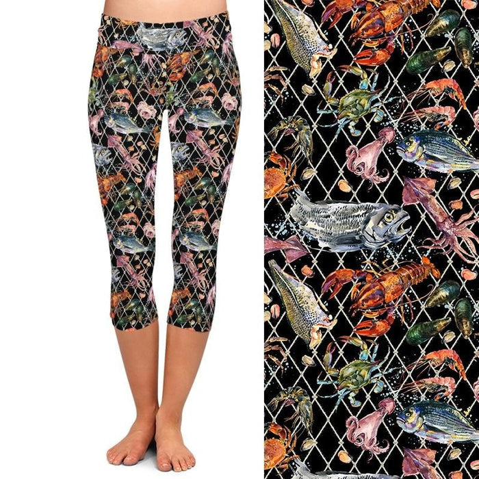 Ladies Watercolour Marine Fish Printed Capri Leggings
