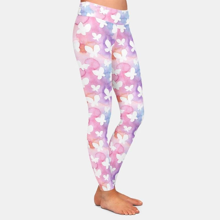 Ladies White Butterflies With Pastel Background Patterned Brushed Leggings