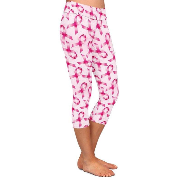 Ladies White With Pink Ribbons Printed Capri Leggings