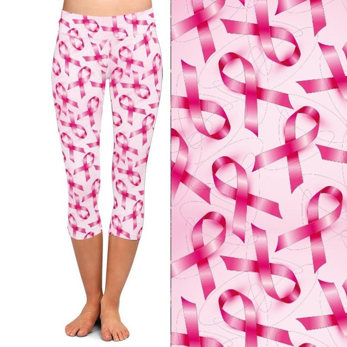 Ladies White With Pink Ribbons Printed Capri Leggings