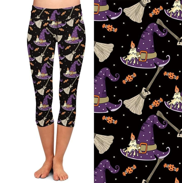 Ladies Witches Hats & Broomsticks Printed Capri Leggings