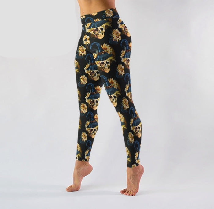 Ladies Witches Hats On Skulls & Sunflowers Digital Printed Leggings