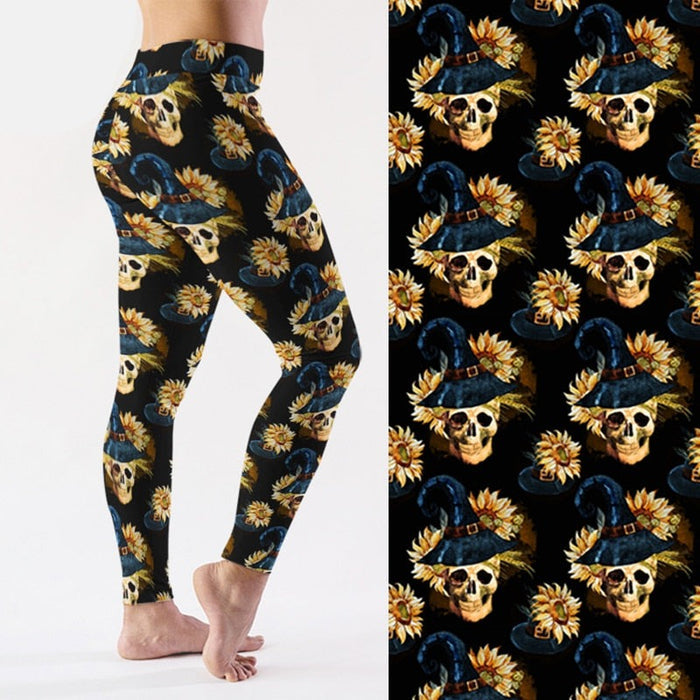 Ladies Witches Hats On Skulls & Sunflowers Digital Printed Leggings