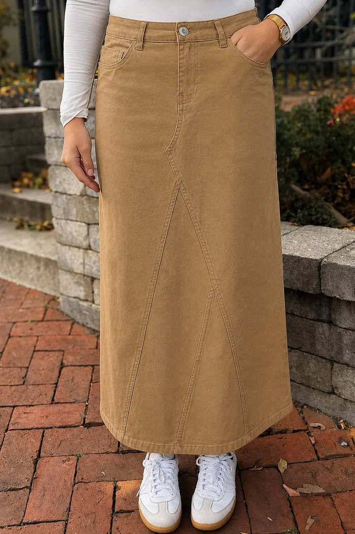 Leah Denim Maxi Skirt in Dk. Khaki