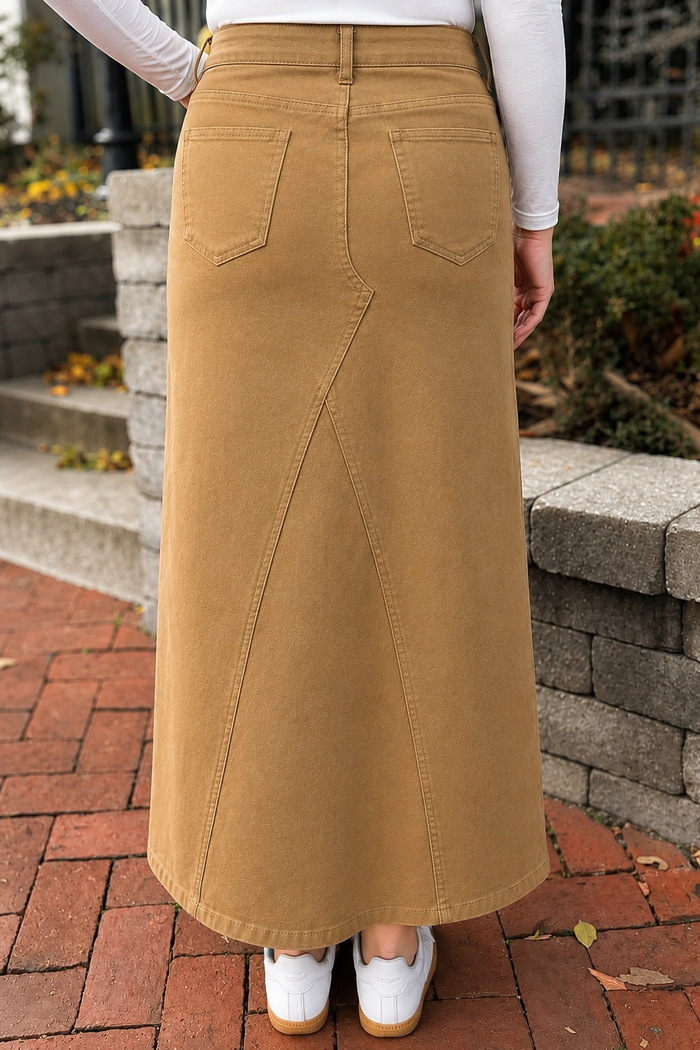Leah Denim Maxi Skirt in Dk. Khaki