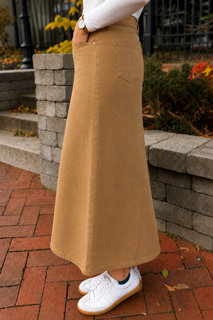 Leah Denim Maxi Skirt in Dk. Khaki
