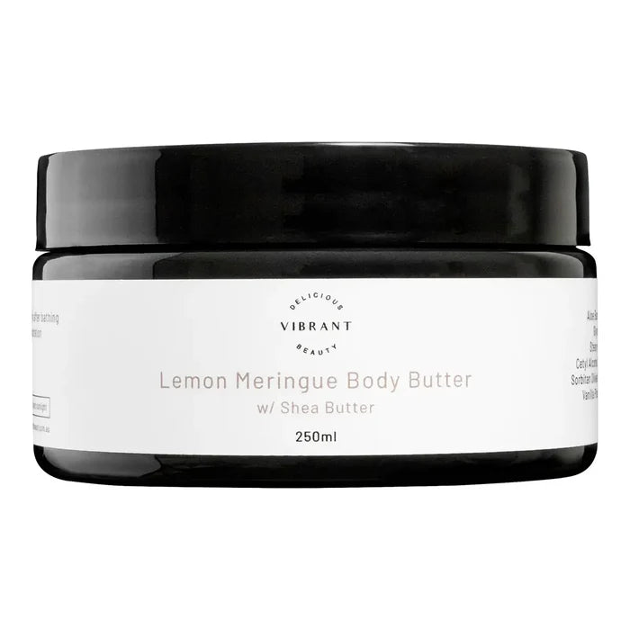 A black jar of Lemon Meringue Body Butter with Shea Butter, featuring a white label with brown text, on a solid white background.