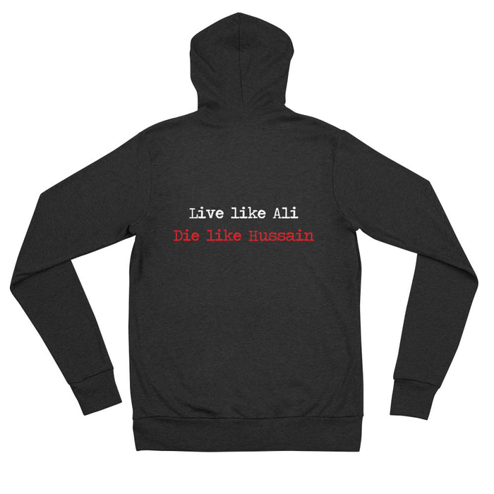 Live Like Ali (as) Die Like Hussain (as) - Zip Hoodie MEN Black (Back Design)