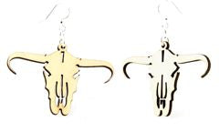 Longhorn cow skull earrings with curved horns, eco-friendly jewelry made in USA