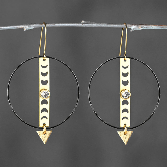 Mixed Metal Moon Phase Hoop w/ Crystal Rivet & Tri Drop Ear
