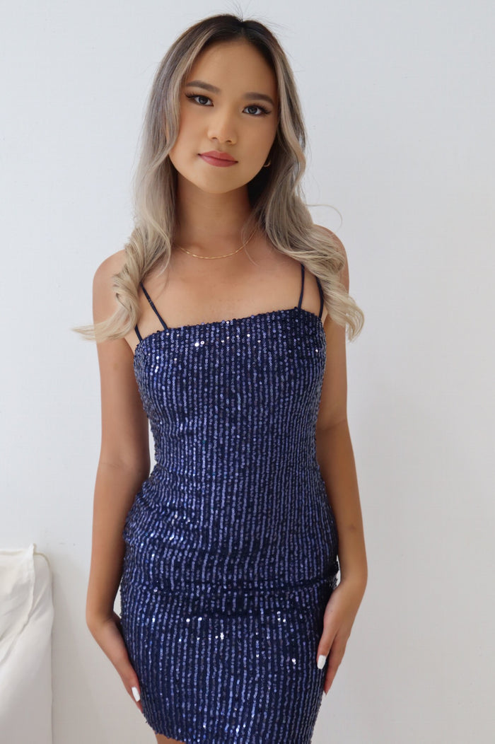 Moonbeam Sequin Mini Dress - Navy - Runway Goddess